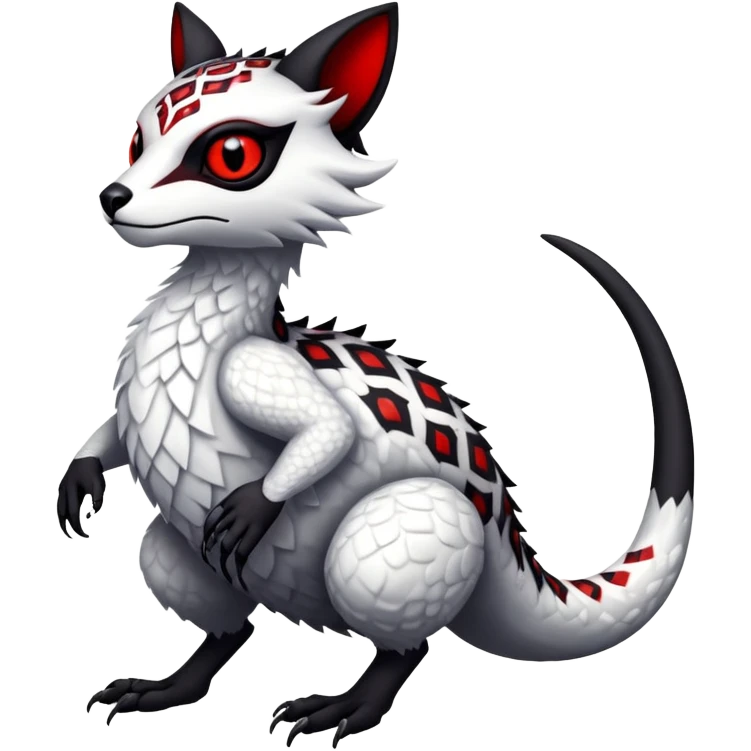 a white exotic edgy vernid-fionbr-Fakémon-creature, with black belly and red eyes, full body emoji