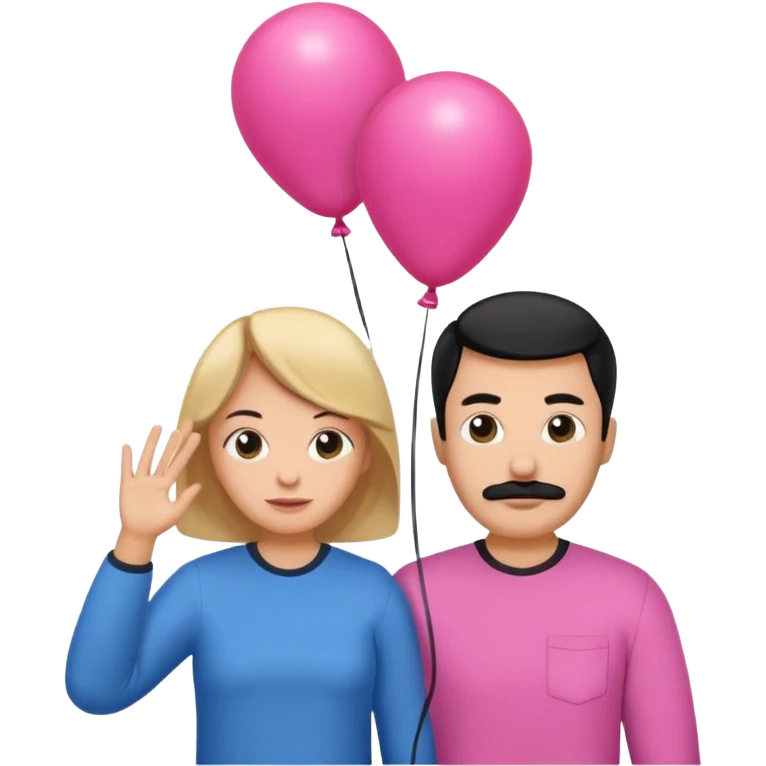 Mom in pink shirt dad in blue shirt holding black baloon emoji