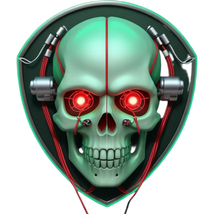 Cyberpunk shield, skull with cybernetic implants, glowing wires, dark green and red tones, no background emoji