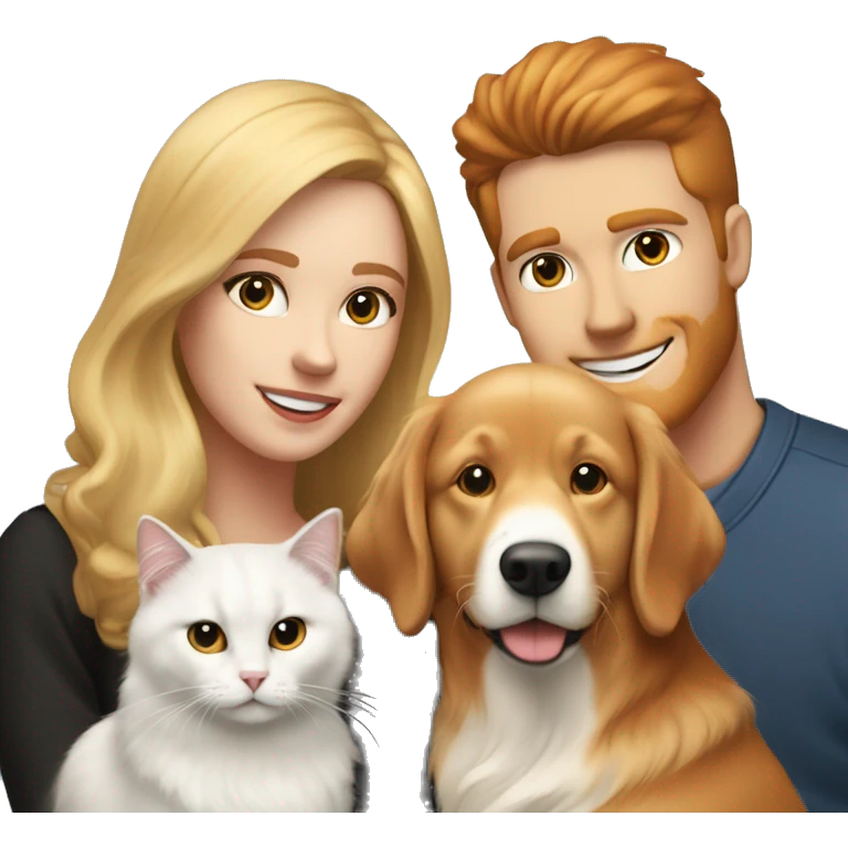 Family portrait with a smiling blonde woman, red-haired man, golden retriever sitting beside them, and black-and-white cat sitting in front. emoji