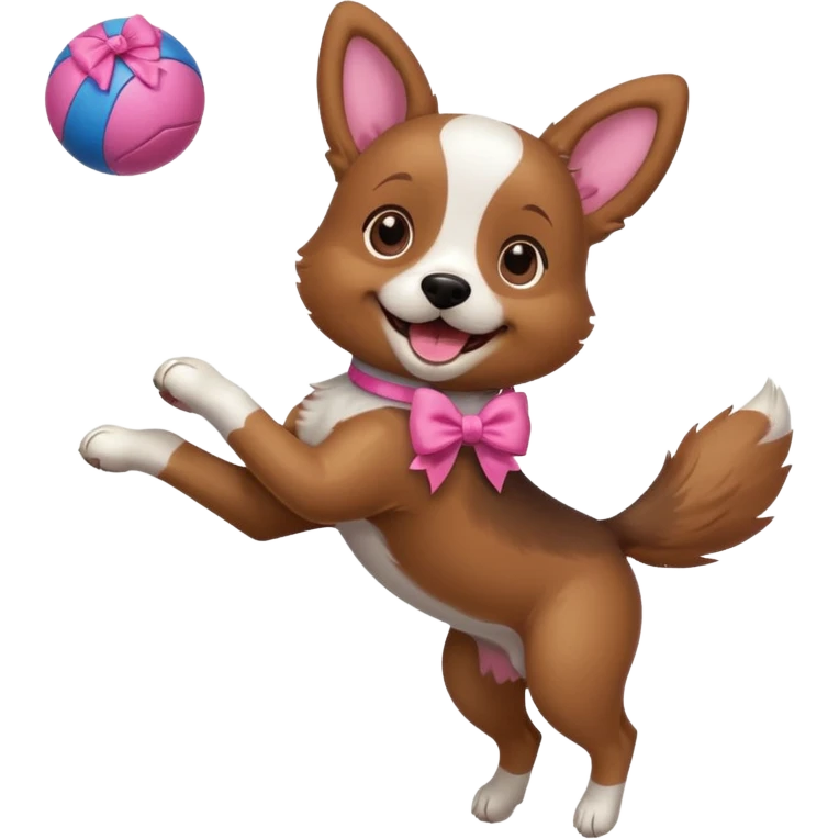 girly dog with a pink bow jumping in the air to catch a ball emoji