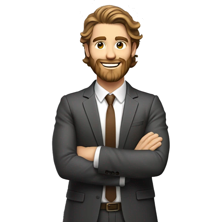 Smiling athletic attractive white man with brown long shoulder length wavy hair and brown full beard in proffessional suit crossing arms  emoji