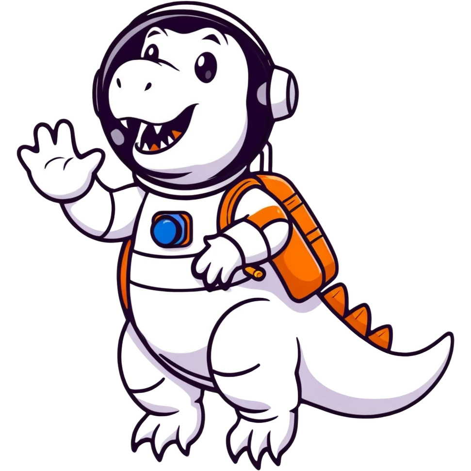 cartoon sticker of a t-rex astronaut waving, stars in background emoji