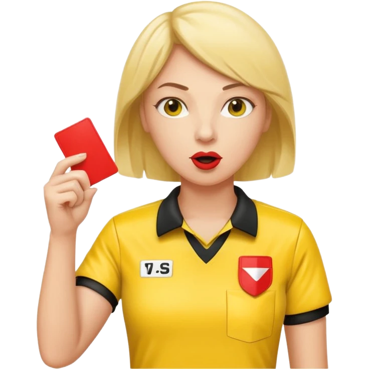 Female Referee – Confident Pose
 Wearing yellow referee shirt, blowing whistle while showing red card. emoji