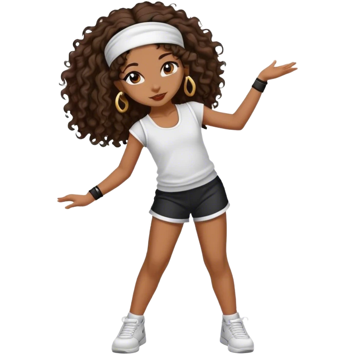 Dancing brown girl with long darn brown curly hair with headband hip hop emoji