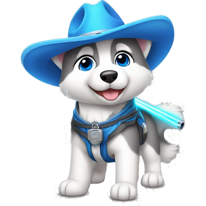 Gray Siberian Husky with blue eyes puppy wearing a cowboy hat dressed in Jedi clothing Holding a Lightsaber On leash  emoji