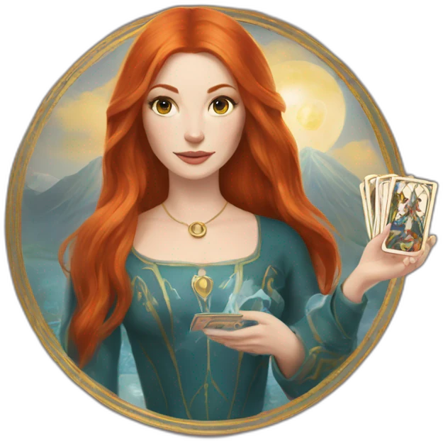 redhead white woman medium long straight hair, holding a tarot card in her hand emoji