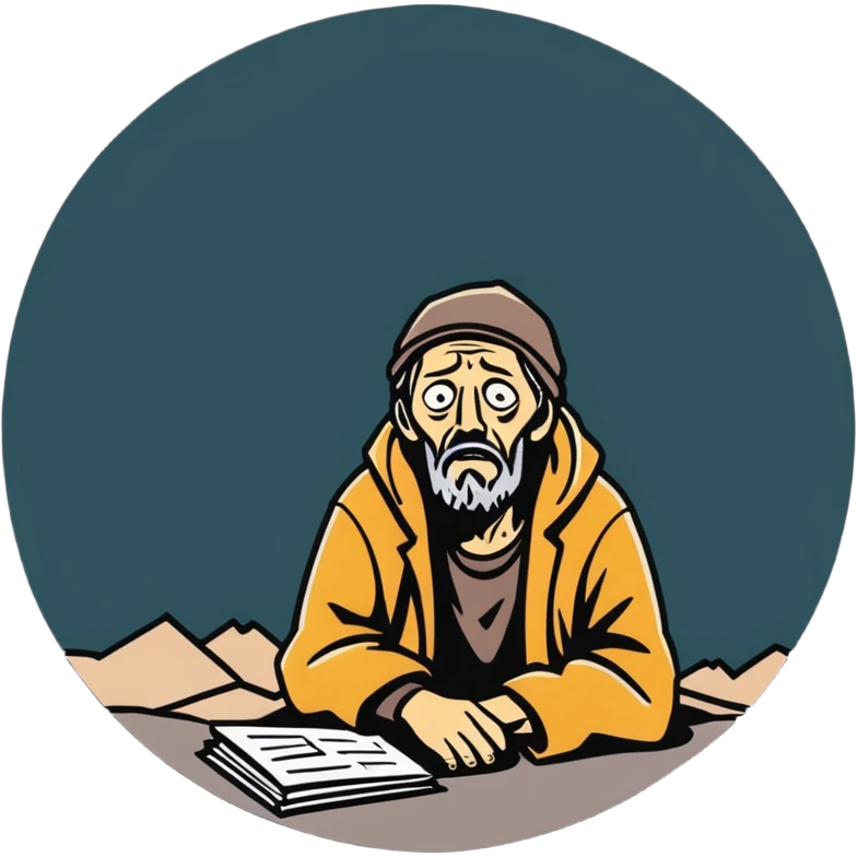 homeless man with a dead stare, looking into the abyss, shocked by overwhelming information emoji