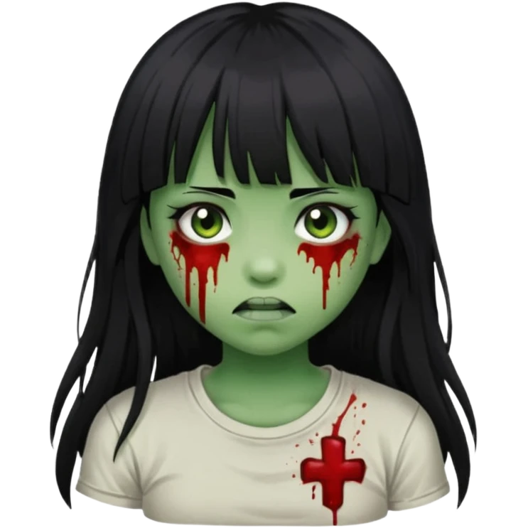 Garota de cabelo longo e preto com franja com a pele esverdeada e ferimentos expostos cobertos com sangue, usa uma camiseta branca rasgada e suja de poeira  emoji