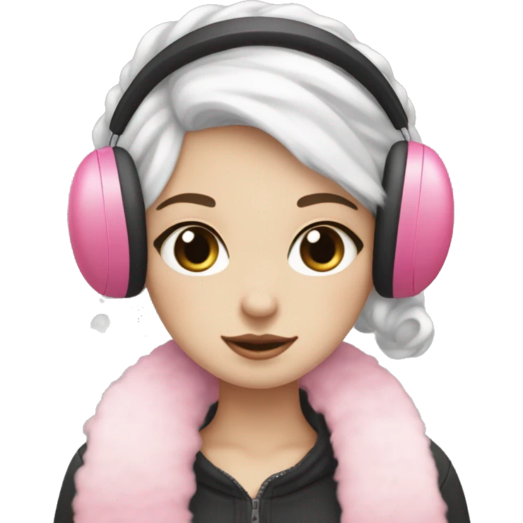 pale girl blushy with black blow out hair and a pink scarf with white fluffy earmuffs emoji