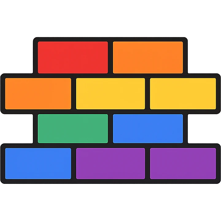 a vibrant brick wall where each brick is a different color from the LGBTQIA+ pride flag, clear separation between bricks, visually representing the pride flag colors emoji