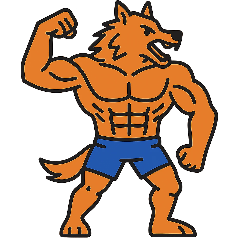 Make the werewolf body builder less muscular, with more lean muscles, and have him wearing shorts. emoji