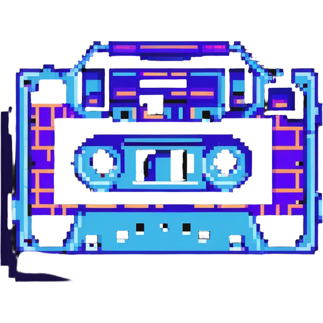 cassette tape with purple and blue neon colors and retro grid background emoji