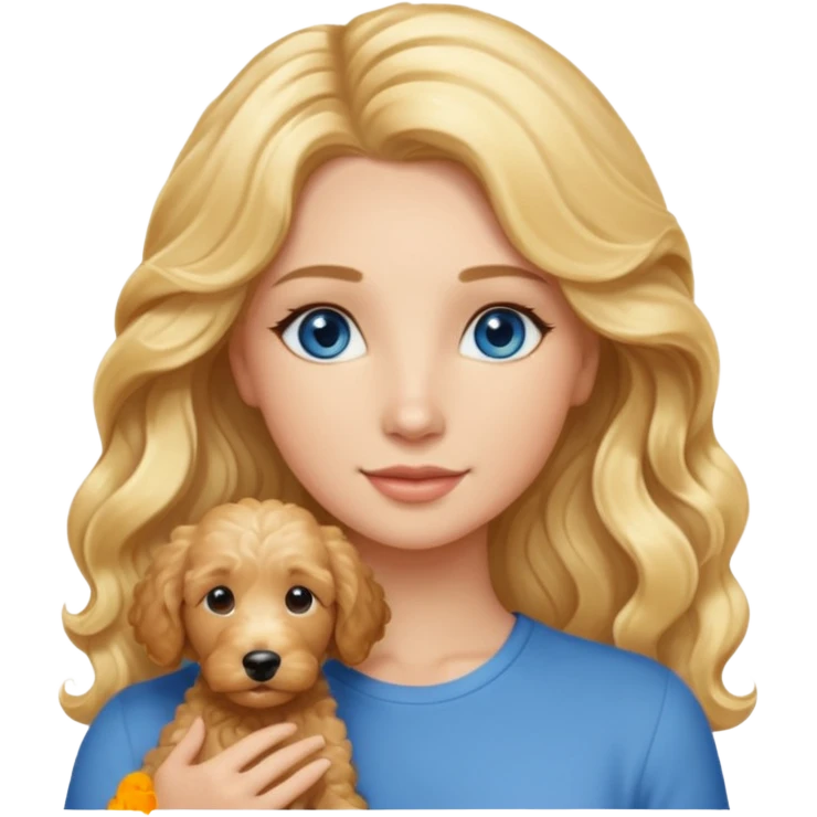 Long blonde hair, blue eyed woman with wavy blond goldendoodle emoji