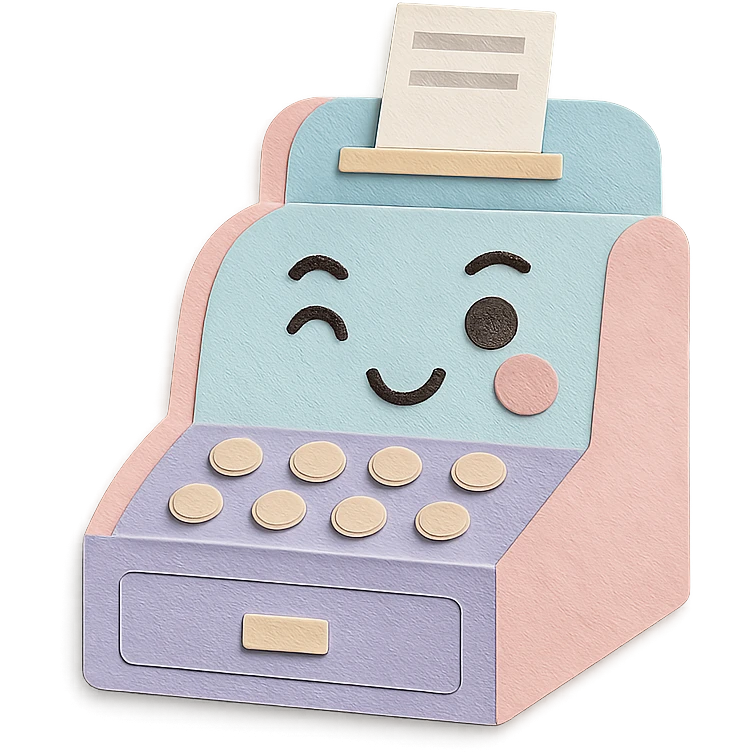 vintage cash register, full body, winking, soft pastel tones emoji