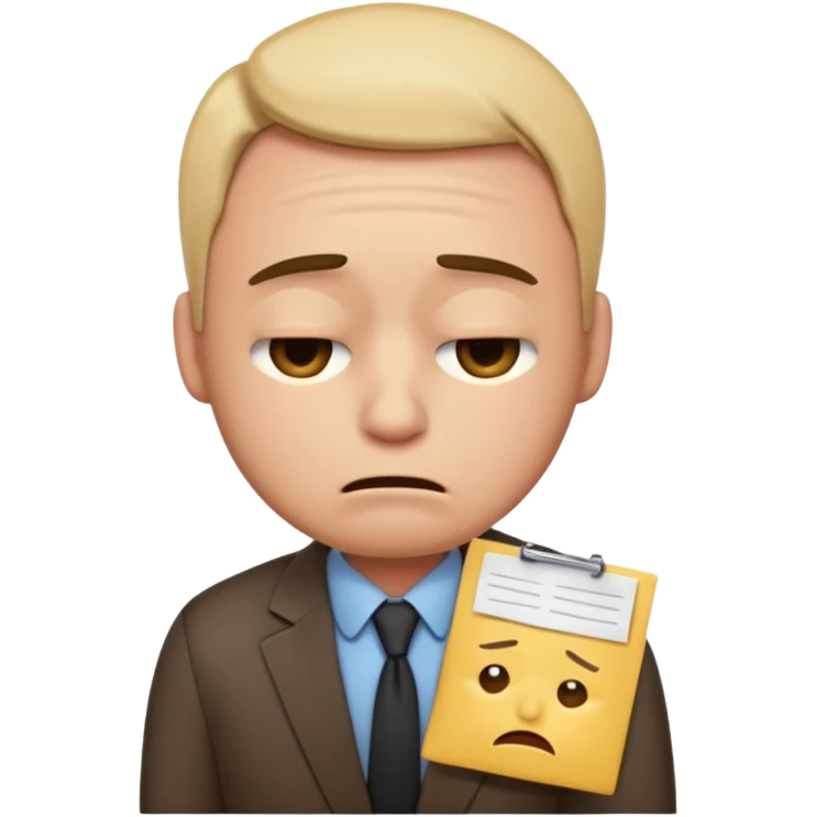  emoji character wearing a interview clothoes. face has a very sad crying, disappointed expression with drooping eyebrows and half-closed eyes. posture is dejected, with slumped shoulders just rejected from his interview to get a job, holding CV. dont make it old person. emoji