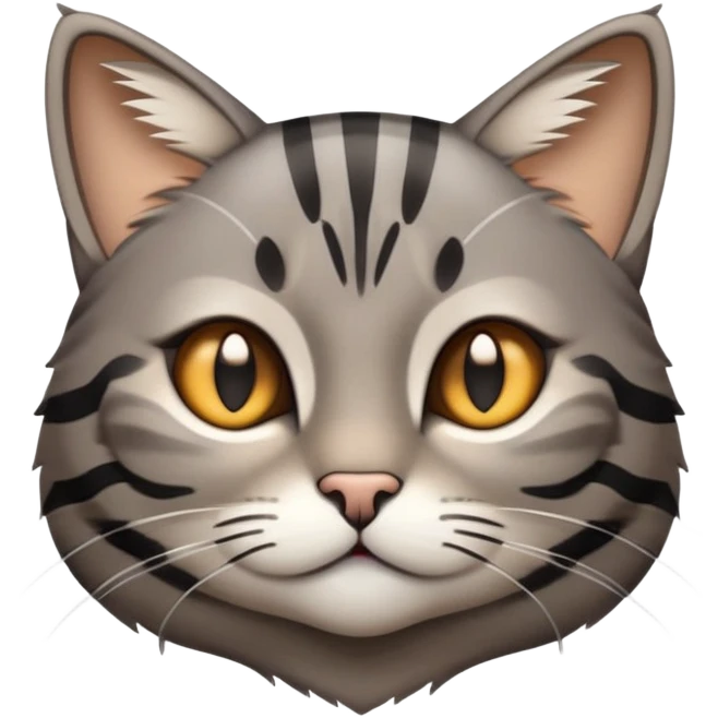 cinematic-cute-grey-and-black-brown-tabby-cat-portrait-emoji,-head-tilted-playfully-and-inquisitively,-sleek-grey-brown-fur-with-bold-black-tabby-stripes-and-a-distinctive-m-shaped-marking-on-the-forehead,-sparkling-amber-eyes,-simplified emoji