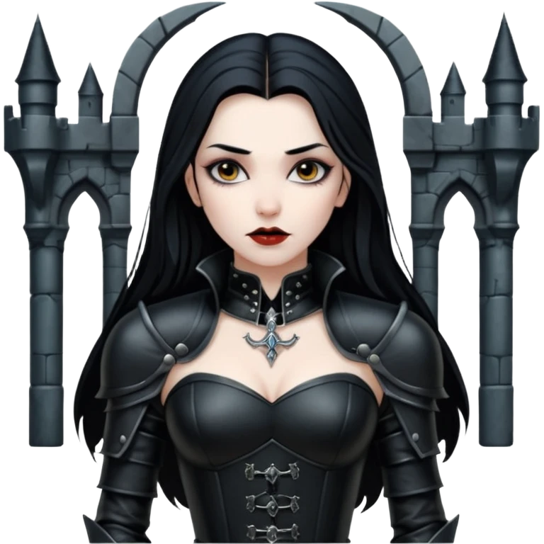 Vampire woman in black leather armor, exposed shoulders, cold desire, gothic castle interior emoji