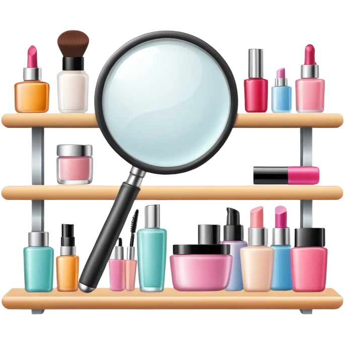 magnifying glass over beauty product shelf, searching for last item emoji
