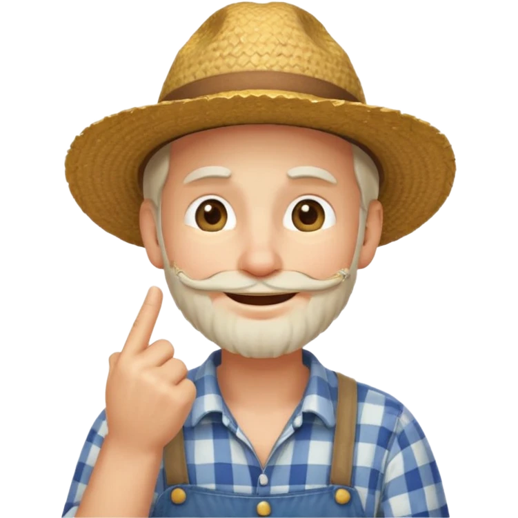 “A single emoji-style character combining 👨‍🌾😄 and 🤔: a smiling farmer man with a straw hat, friendly face, and light beard, holding one hand under his chin in a thinking gesture. His index finger rests under his face, eyes looking slightly upward as if thinking.  emoji