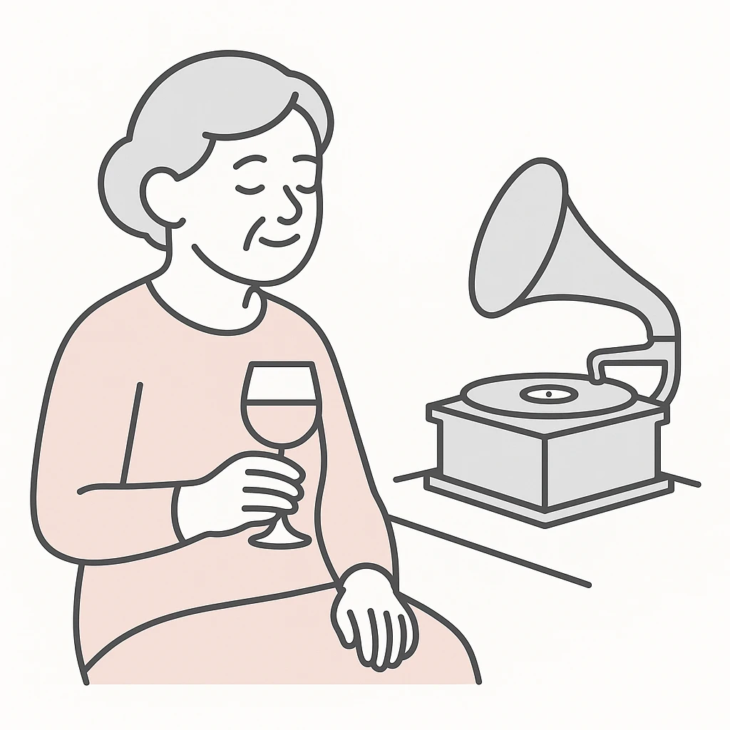old lady with wineglass listening to gramophone emoji
