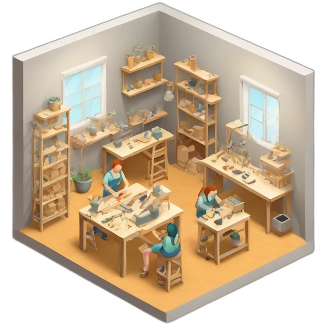isometric square transparent solid outline border containing indoor creative workshop handmade factory people actively working emoji