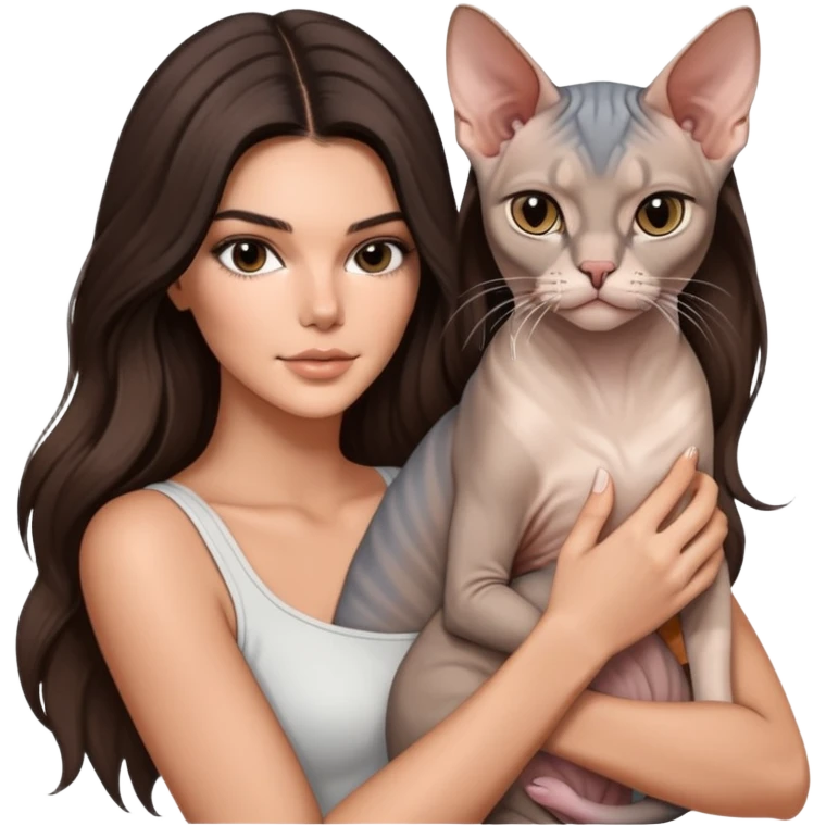 brunette Kendall Jenner with long hair holding on the hands grey white Sphynx emoji