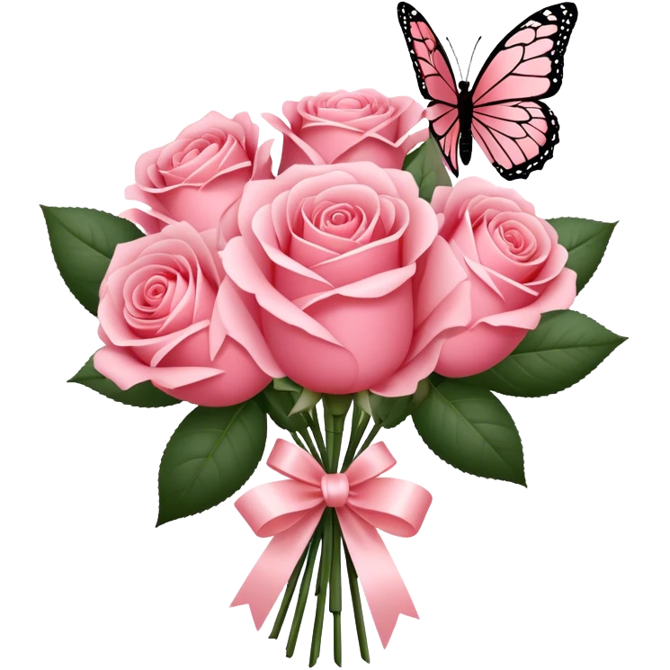 "A bouquet of Blush Red roses tied with a flowing Rose Quartz silk ribbon, exuding soft elegance. A delicate Carnation Pink butterfly rests gently on the petals, adding a whimsical touch." emoji