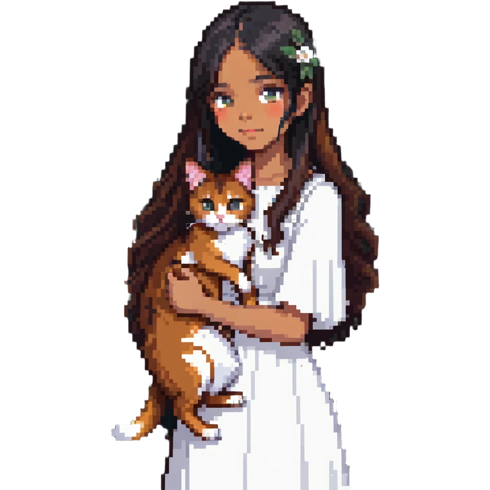 beautiful girl with long black hair wearing a white dress holding an Abyssinian cat with reddish-brown fur in her arms emoji