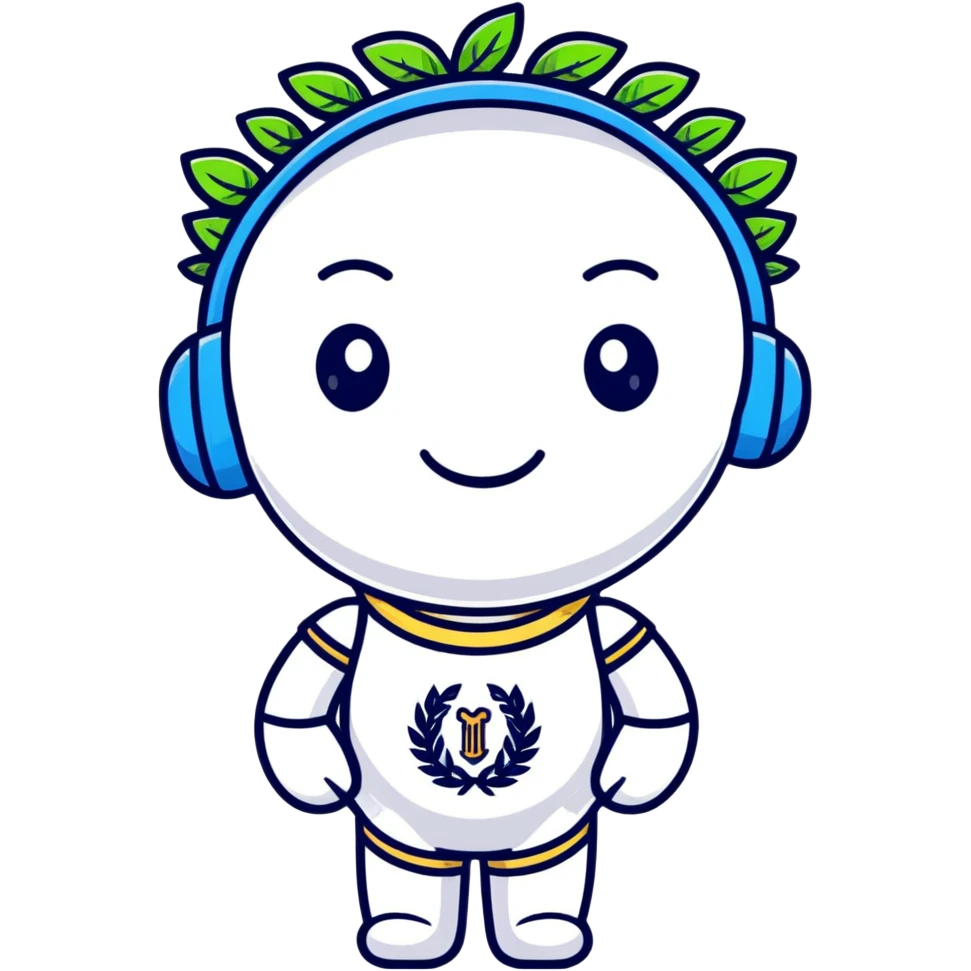 sticker style Greek chatbot with laurel wreath and friendly smile emoji