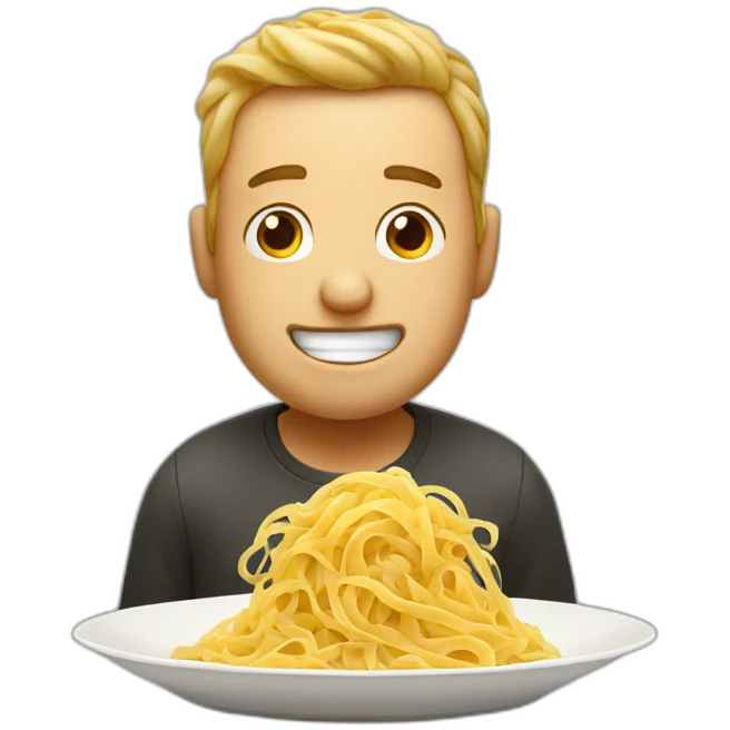A hungry man in front of a plate of pasta emoji