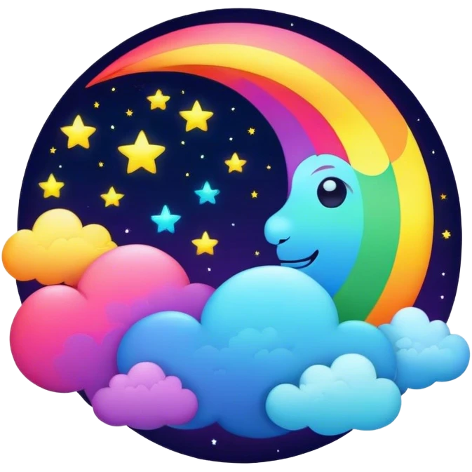 Neon rainbow colored damask style full moon with stars and clouds emoji