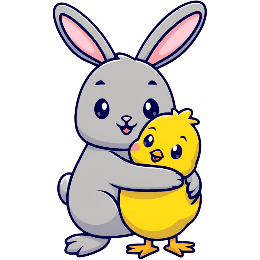 Adorable easter bunny hugging a small yellow chick emoji