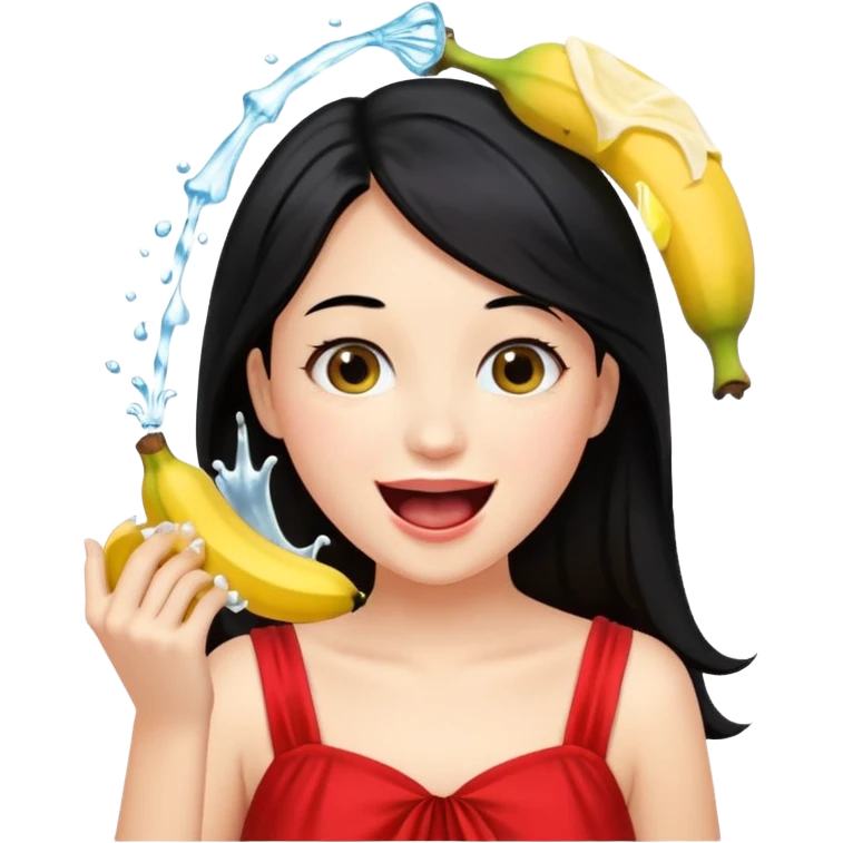 a girl with black hair and red dress rinsing mouth with pale yellow water coming out from a banana above her head emoji