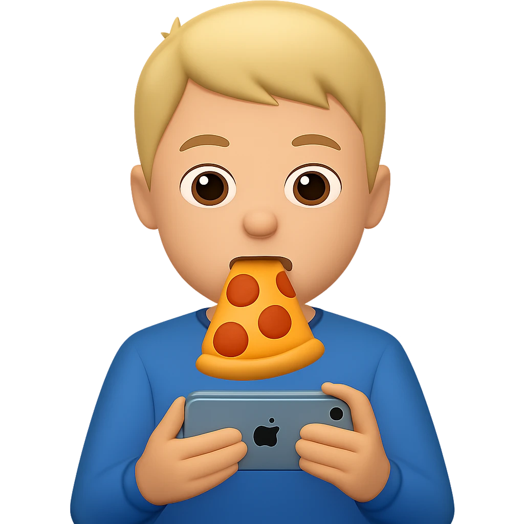Change the food to pizza, keep the boy watching videos on his phone, emoji style, casual clothes, with no background. The style should resemble apple style emojis. emoji