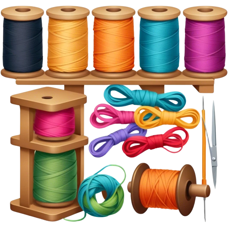 Weaving icon, spools of yarn, fabric swatches, sewing patterns, and finished clothes, minimalistic style, clean lines, transparent background. emoji