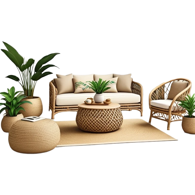 modern boho living room with many indoor plants, rattan furniture, white walls, and natural light emoji