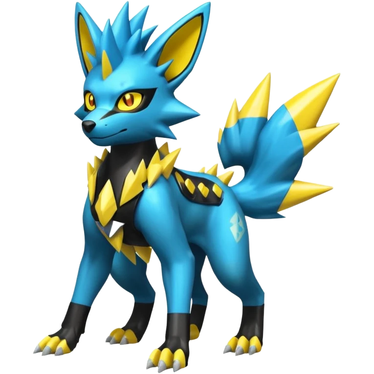 Shiny badass cool edgy spikey fluffy realistic cyan yellow white electric complex futuristic Zeraora-Luxray-Electrike-Umbreon-Manectric-Weregarurumon-fusion-creature (full body) (4 legs) emoji