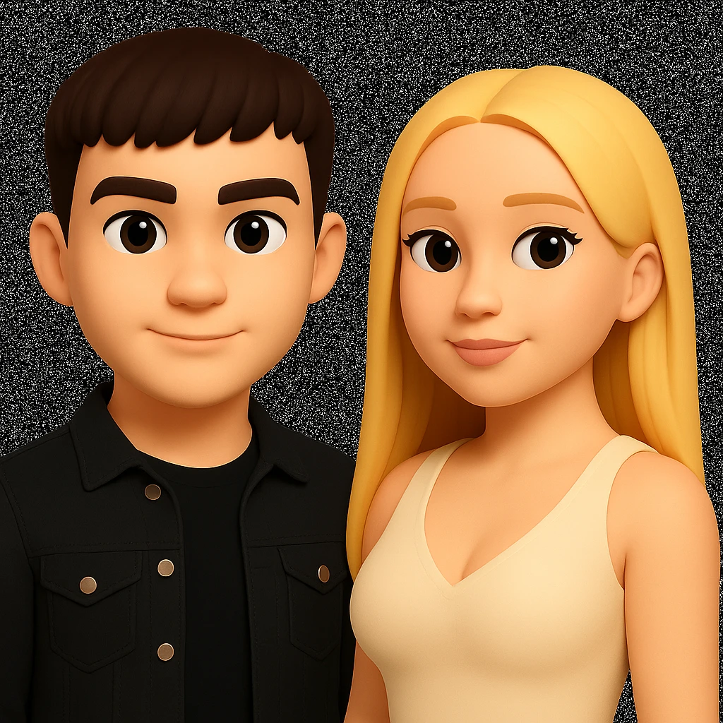In the style of 3D Emoji, slightly increase the volume of the upper body of the girl, separate the girl and the boy from each other, and make the skin color the same for both characters. emoji