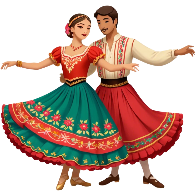 Cinematic Realistic scene of two dancers performing the Tarantella, dressed in vibrant, flowing traditional costumes with detailed embroidery and dynamic skirts, captured in festive motion with warm, lively lighting emoji