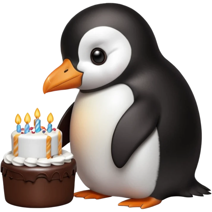 A penguin standing near a cake, feeling shy from a surprise celebration, portrait, bust up emoji
