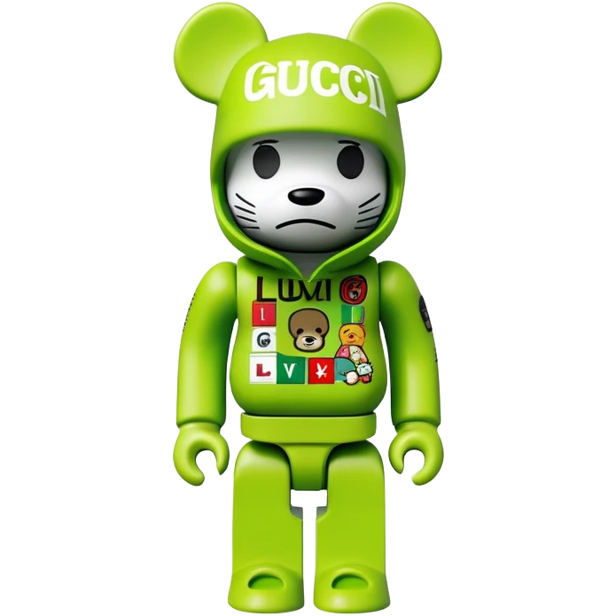 bearbrick with cube head in a lime green balaclava heavily tagged with multiple luxury and street brand logos, random placement like street graffiti, Supreme, Gucci, LV, Nike swooshes all mixed in wild street art style emoji
