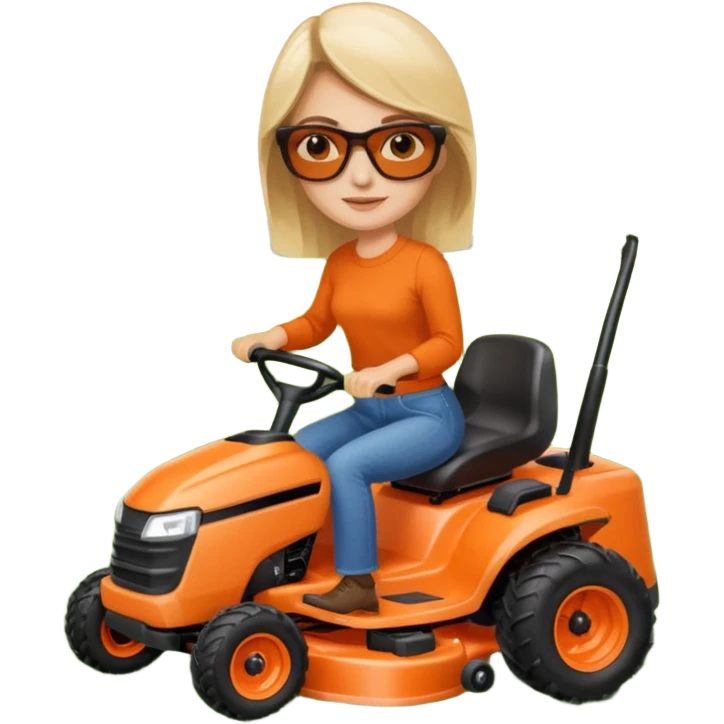 White woman on orange ride on lawn mower cutting lawn emoji