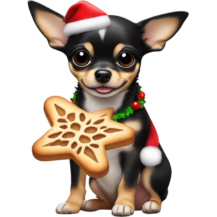 black & tan chihuahua puppy holding a christmas cookie emoji