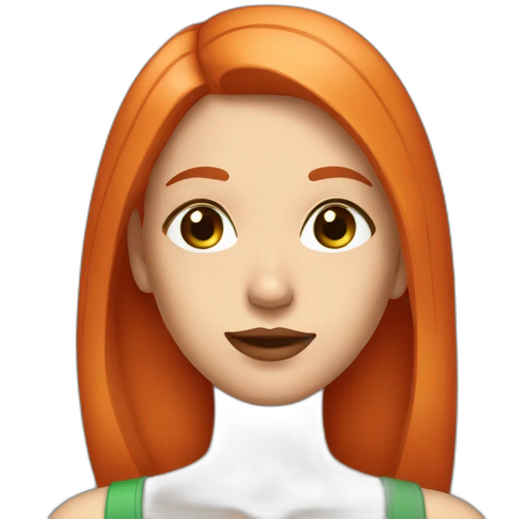 girl orange-red straight hair shoulders lenght  brown-green eyes red lips emoji