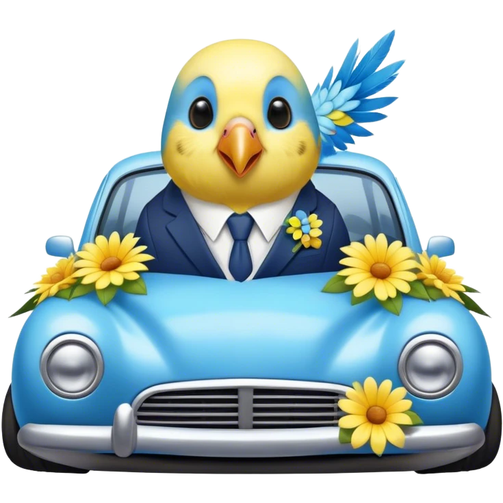 cute budgie on a car in a suit with flowers  emoji