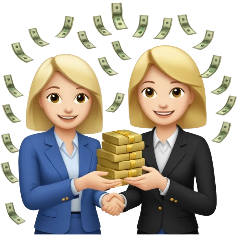 Девушка получает много денег и заключает выгодное сотрудничество. Она жмет руку коллеге и вокруг мешки денег  emoji