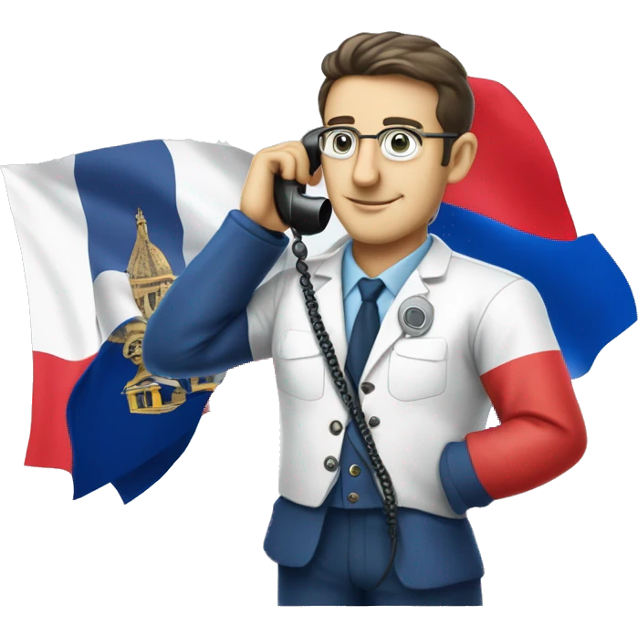 Einchtein dressed in scientific french color with french foutfit making a phone call on a flip phone and a french flag in the other hand emoji