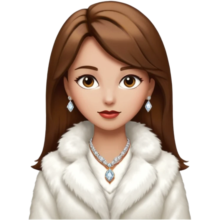 * Character: A stylish lady,brown hair
* ﻿﻿Clothing: A luxurious white fur coat
* ﻿﻿Accessories: A dazzling diamond necklace
* ﻿﻿Expression: Confident, elegant, maybe slightly glamorous
* ﻿﻿Pose: Head slightly tilted or a poised posture
* ﻿﻿Style: Emoji-like, simple but expressive emoji