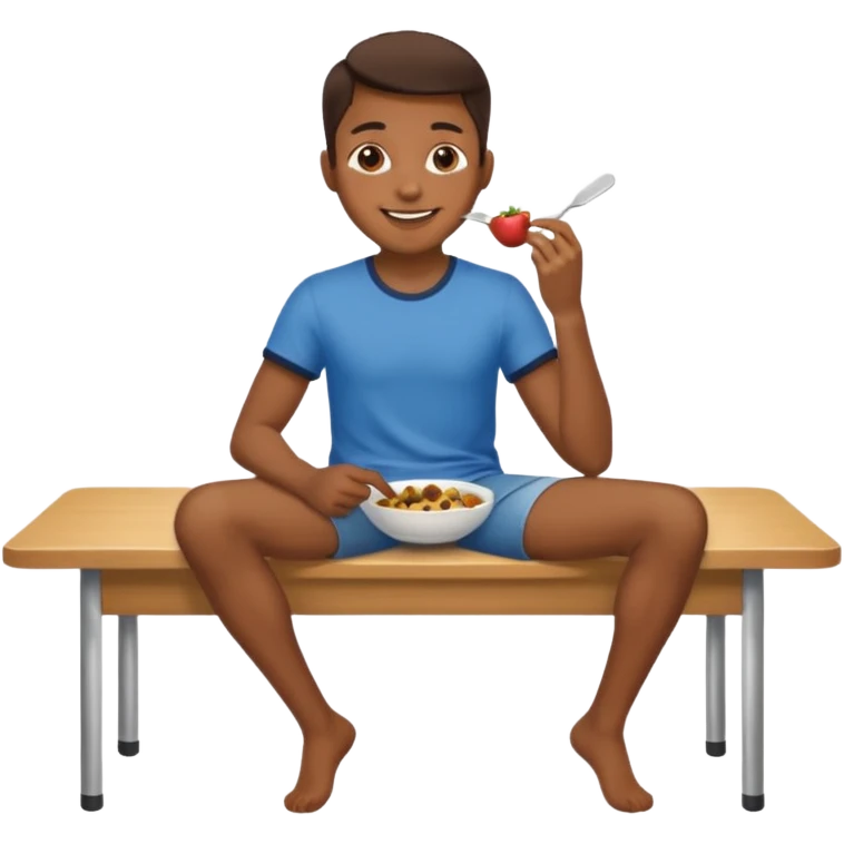 uma pessoa sentada em uma mesa. SENTADA em cima da mesa, como se a mesa fosse um banco. ai o banco vai ser alto e ela vai ta comendo num banco, sendo que ta sentado na mesa. tipo SENTADO na mesa mesmo, em cima da mesa emoji